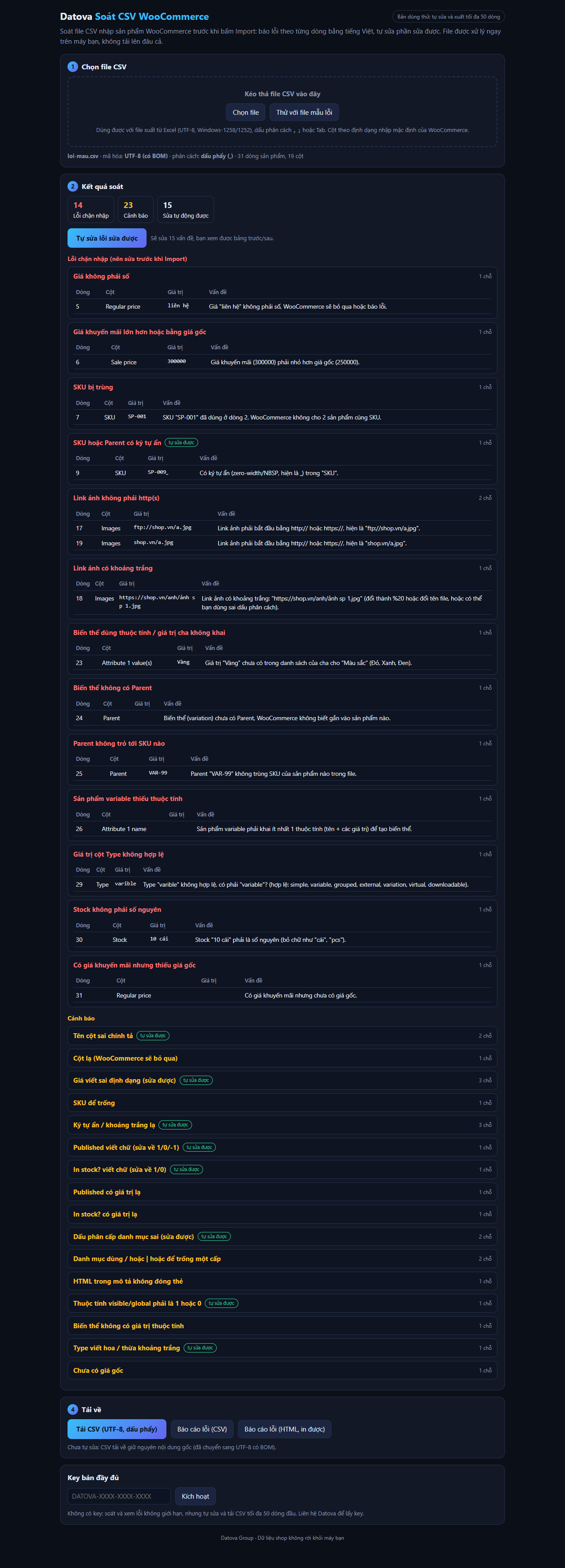 Giao diện Datova Soát CSV WooCommerce